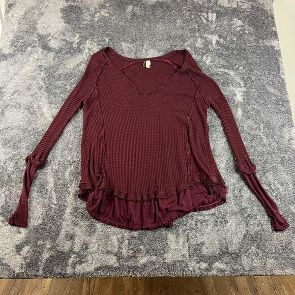 We The Free Thermal Waffle Knit Long Sleeve Tunic Top Oversized Maroon XS - Picture 1 of 10